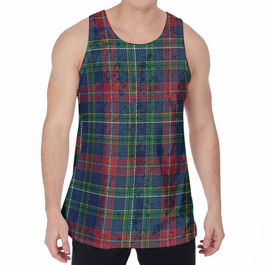 Blue Green And Red Scottish Plaid Print Men's Velvet Tank Top
