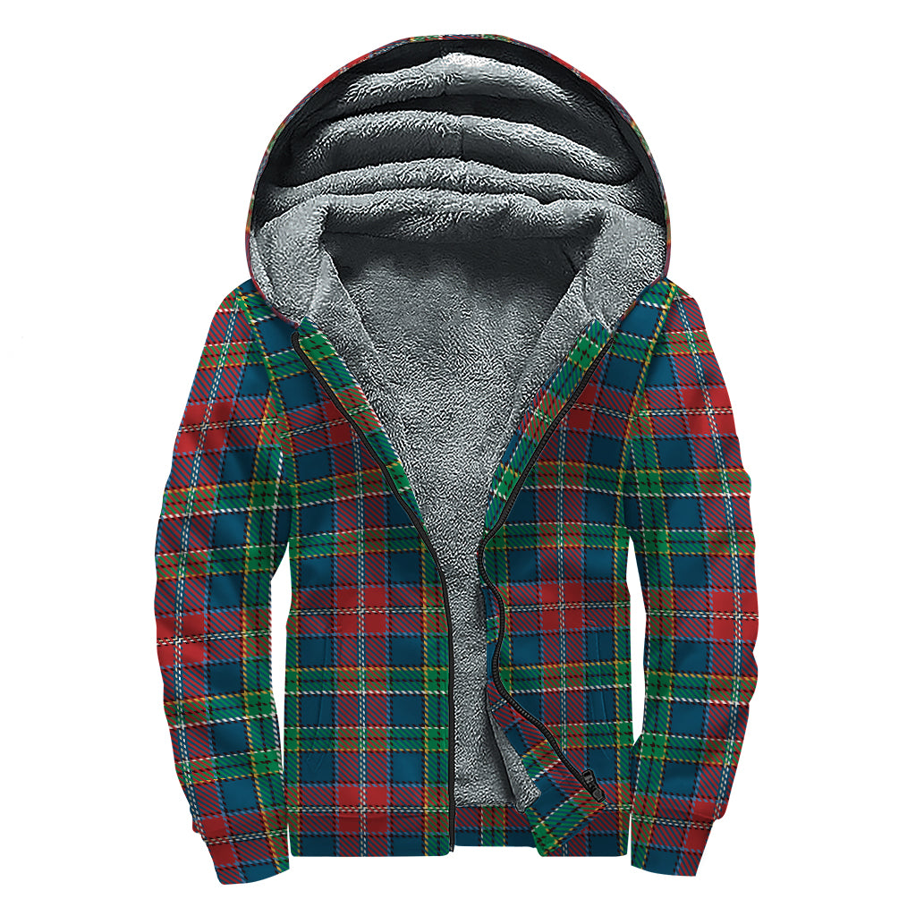 Blue Green And Red Scottish Plaid Print Sherpa Lined Zip Up Hoodie
