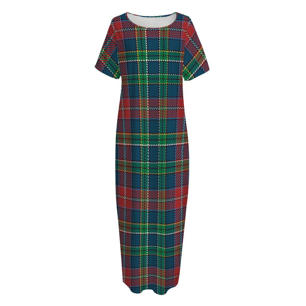 Blue Green And Red Scottish Plaid Print Short Sleeve Long Nightdress