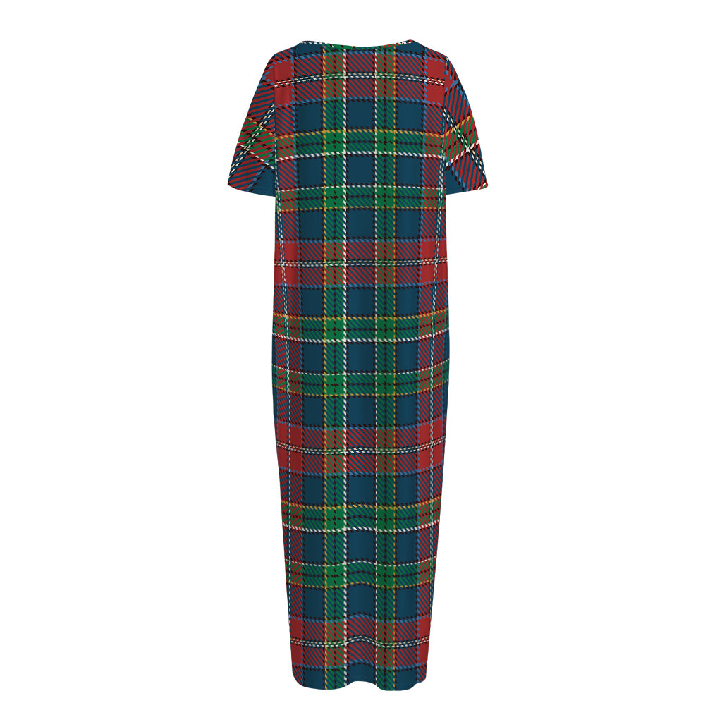 Blue Green And Red Scottish Plaid Print Short Sleeve Long Nightdress