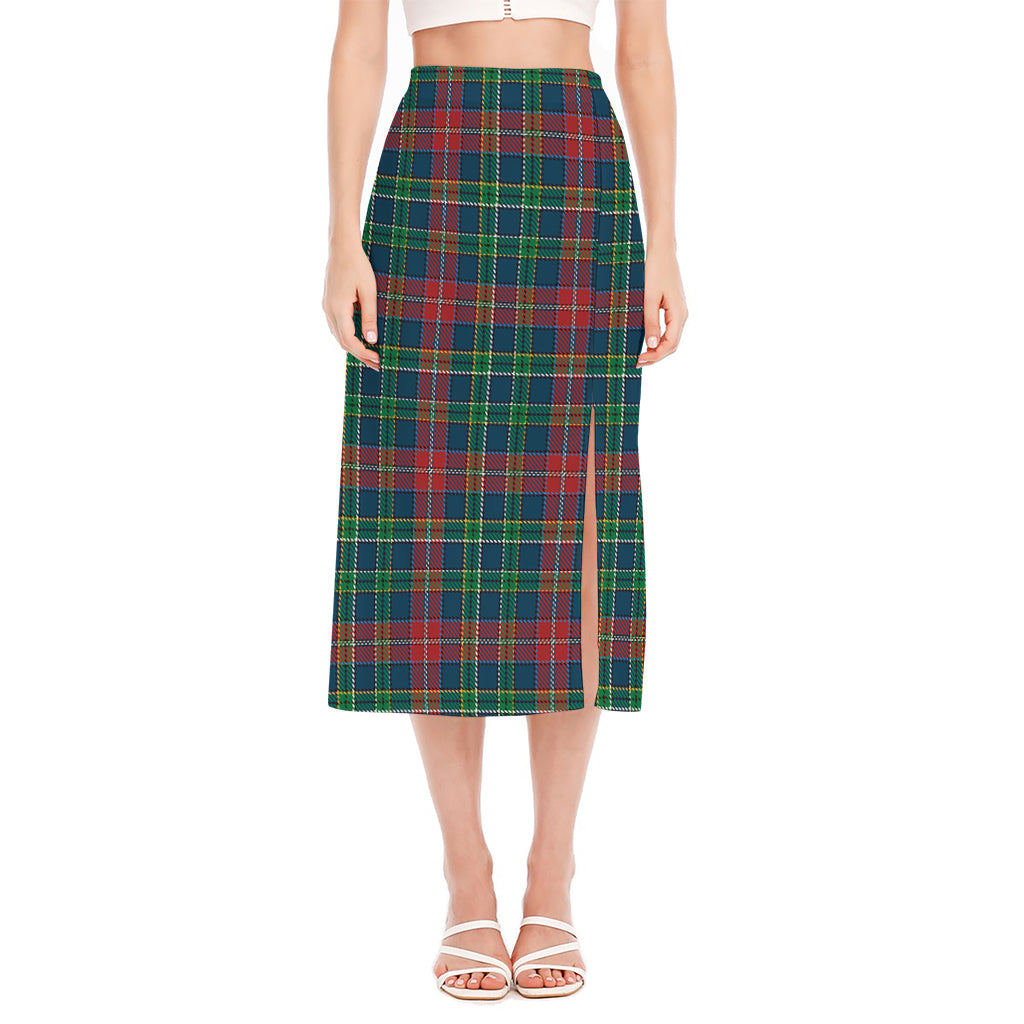 Blue Green And Red Scottish Plaid Print Side Slit Midi Skirt