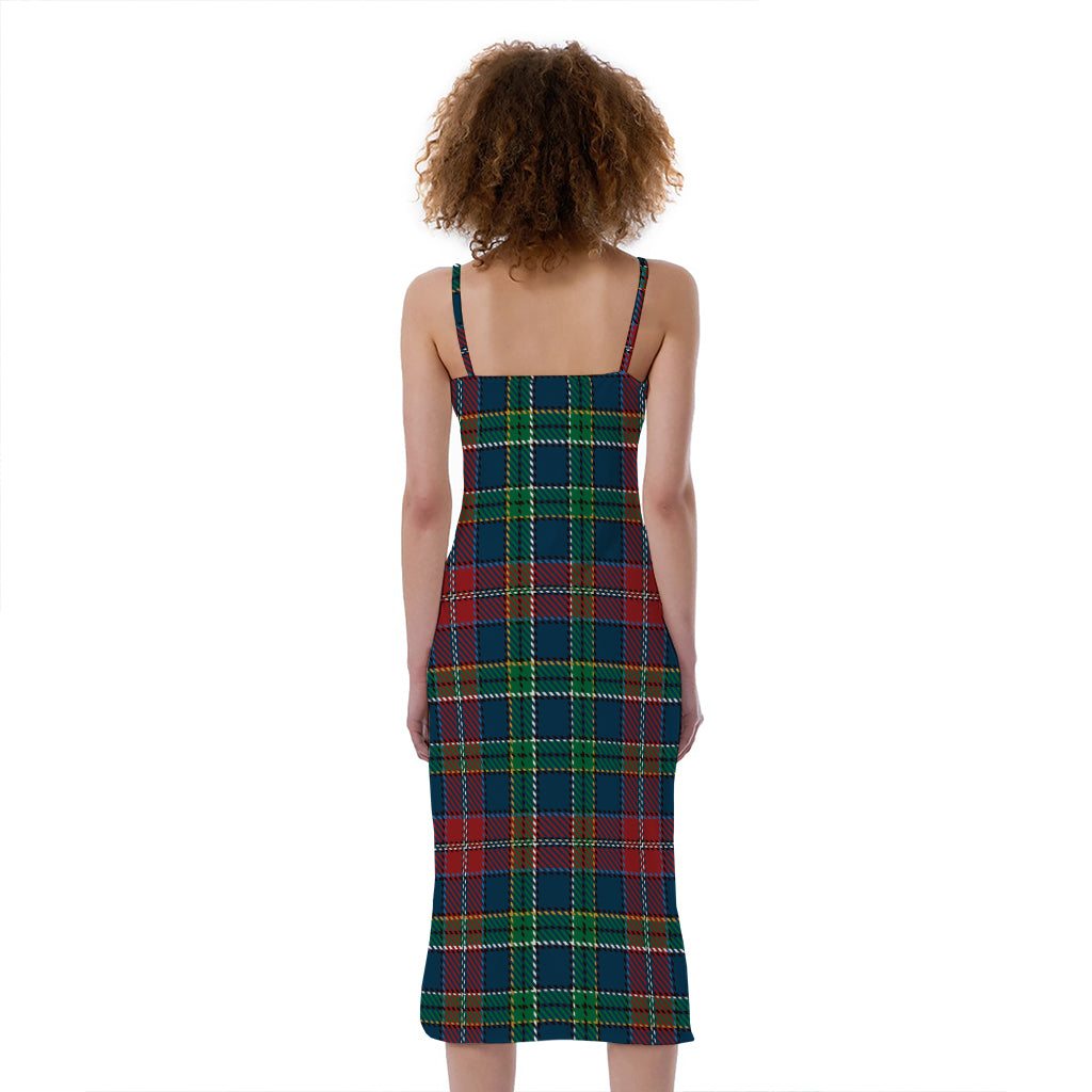 Blue Green And Red Scottish Plaid Print Slim Fit Midi Cami Dress