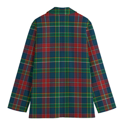 Blue Green And Red Scottish Plaid Print Women's Cotton Blazer