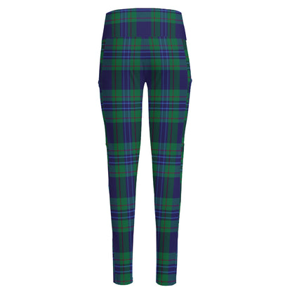 Blue Green And Red Tartan Pattern Print High-Waisted Pocket Leggings