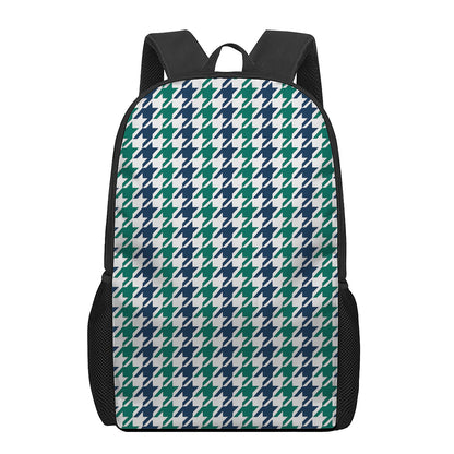 Blue Green And White Houndstooth Print 17 Inch Backpack