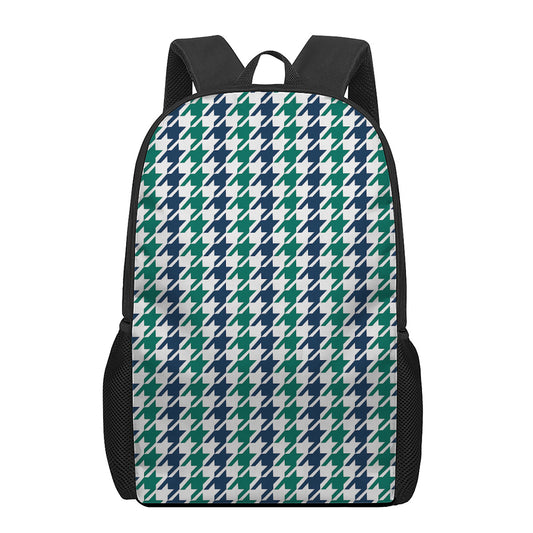 Blue Green And White Houndstooth Print 17 Inch Backpack