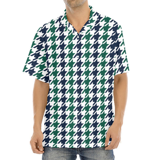 Blue Green And White Houndstooth Print Aloha Shirt