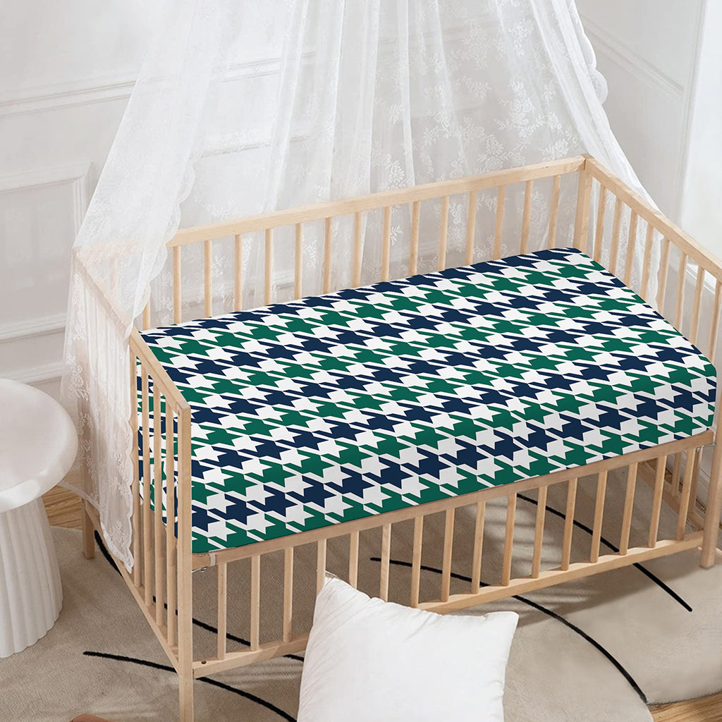 Blue Green And White Houndstooth Print Baby Crib Sheet