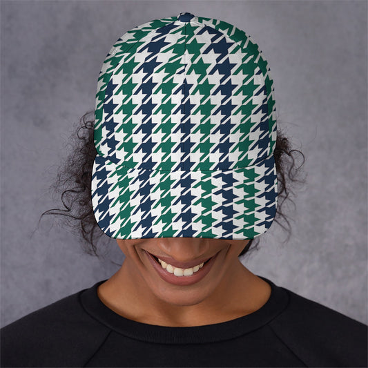 Blue Green And White Houndstooth Print Baseball Cap