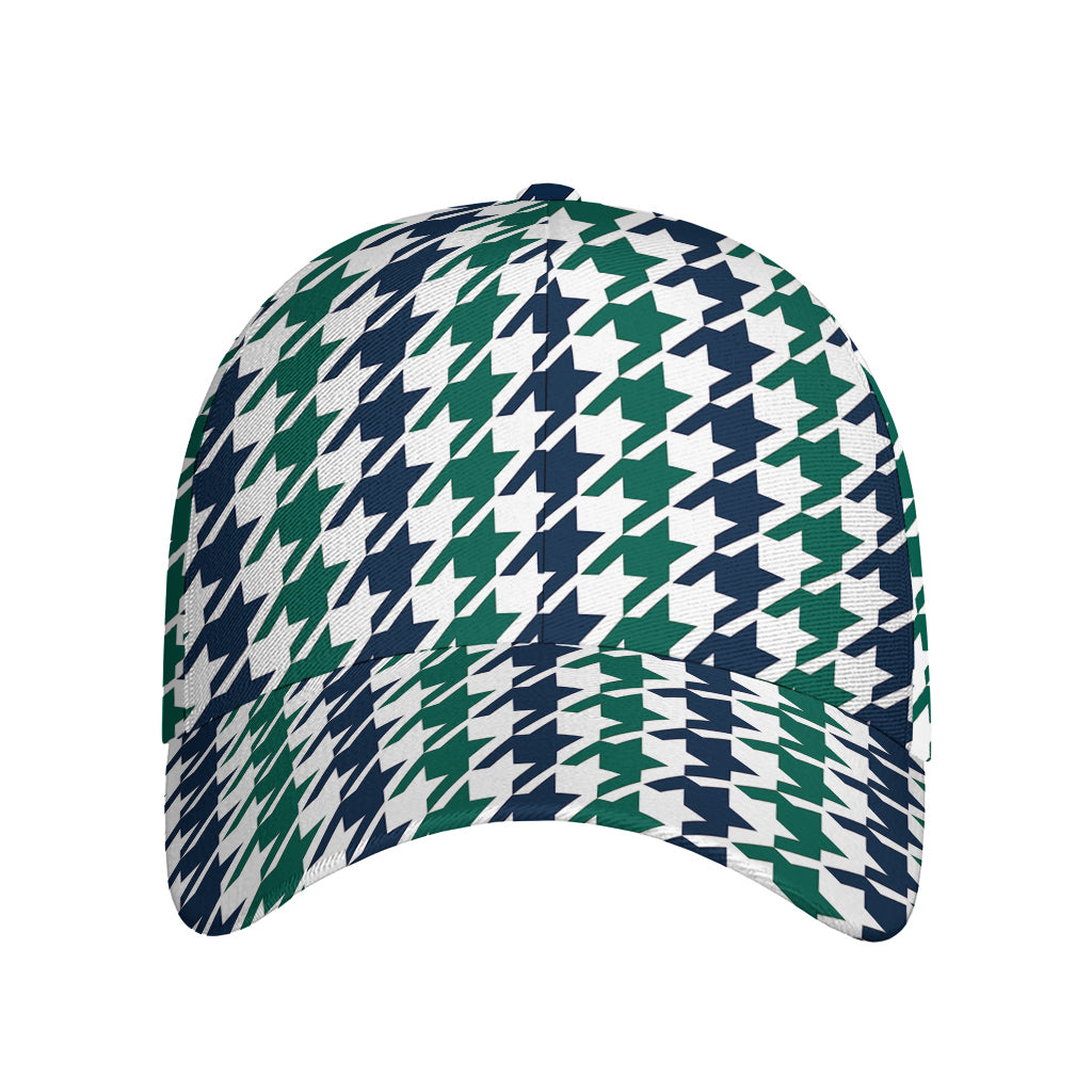 Blue Green And White Houndstooth Print Baseball Cap