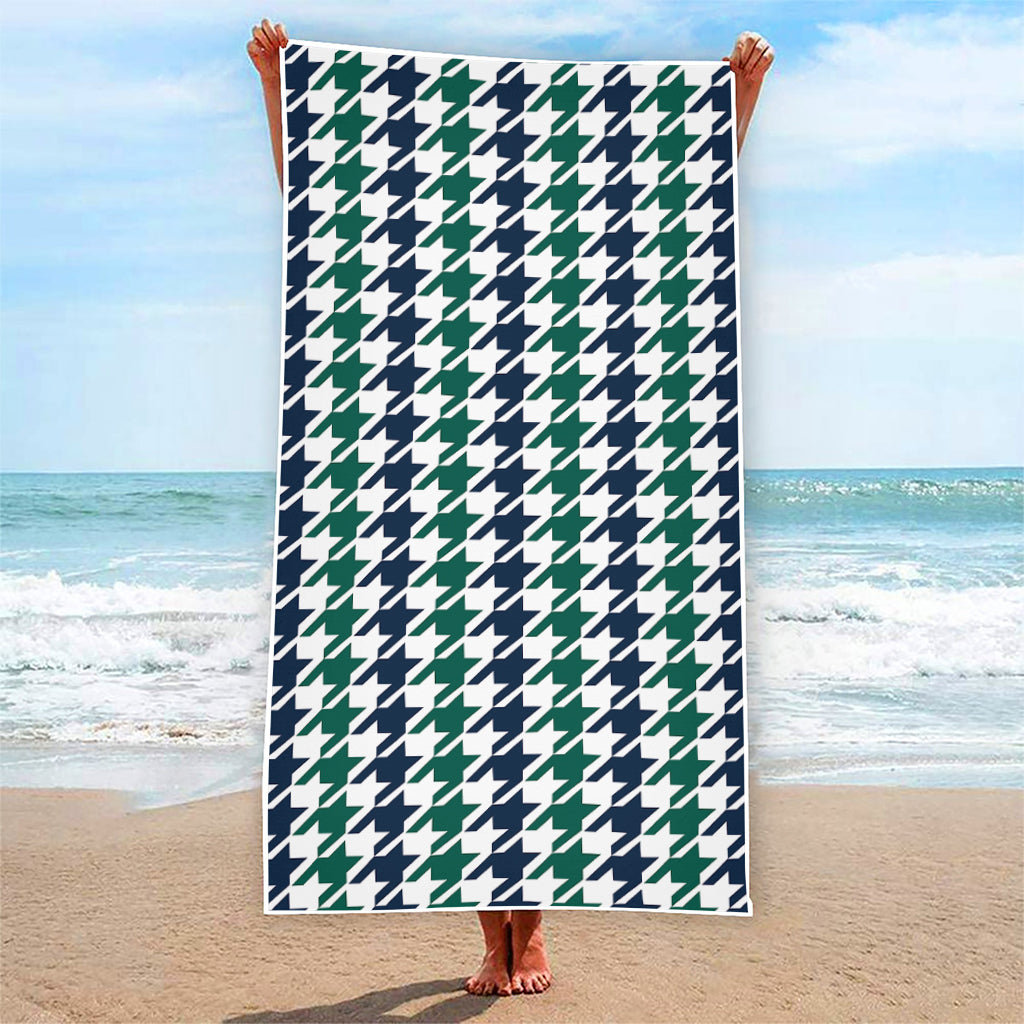Blue Green And White Houndstooth Print Beach Towel