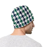 Blue Green And White Houndstooth Print Beanie