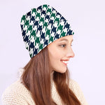 Blue Green And White Houndstooth Print Beanie