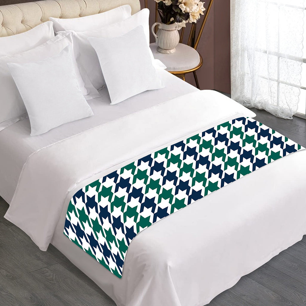 Blue Green And White Houndstooth Print Bed Runner