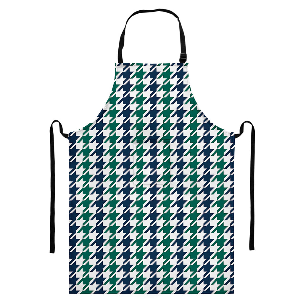 Blue Green And White Houndstooth Print Bib Apron With Pocket