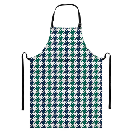 Blue Green And White Houndstooth Print Bib Apron With Pocket
