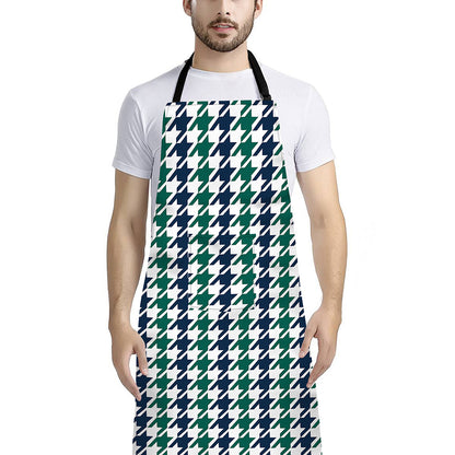 Blue Green And White Houndstooth Print Bib Apron With Pocket