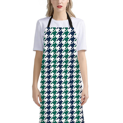 Blue Green And White Houndstooth Print Bib Apron With Pocket