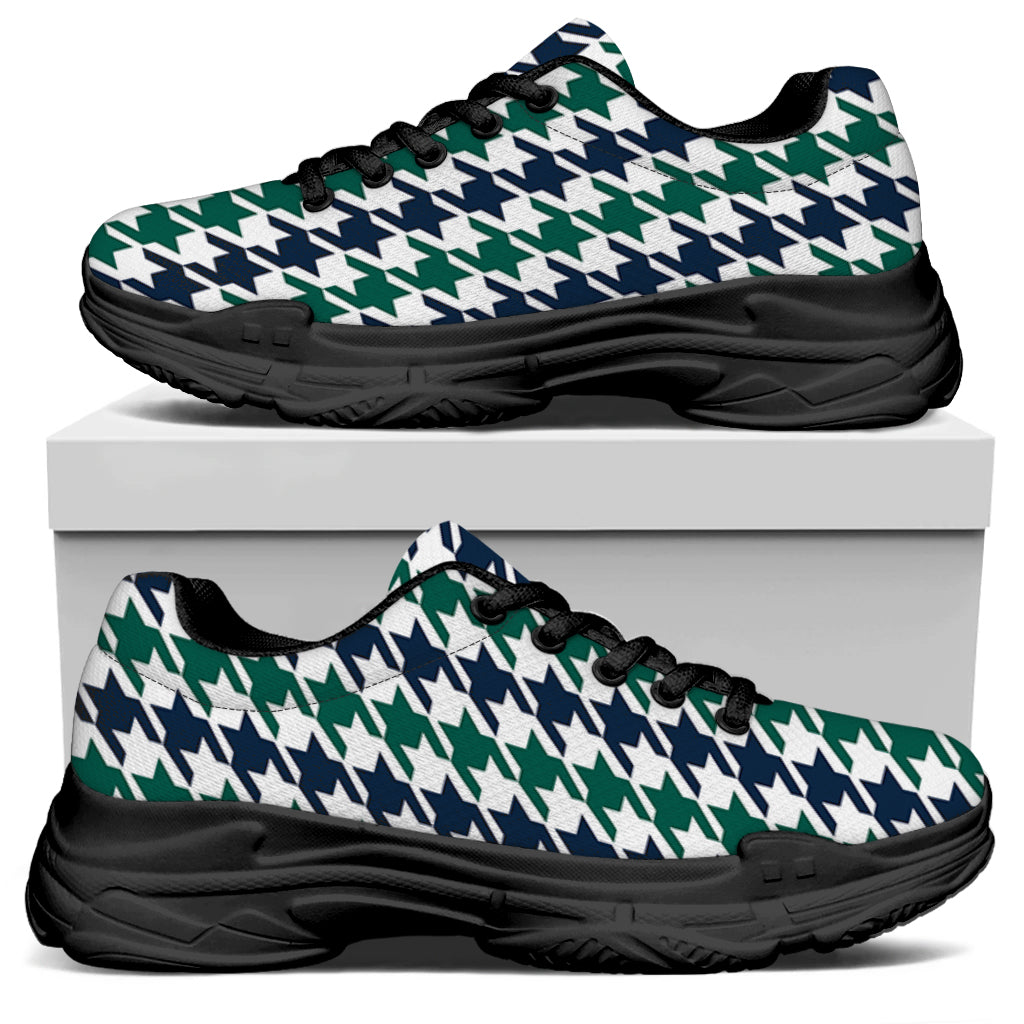 Blue Green And White Houndstooth Print Black Chunky Shoes