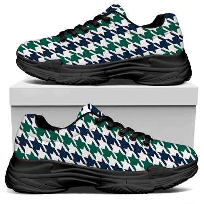 Blue Green And White Houndstooth Print Black Chunky Shoes