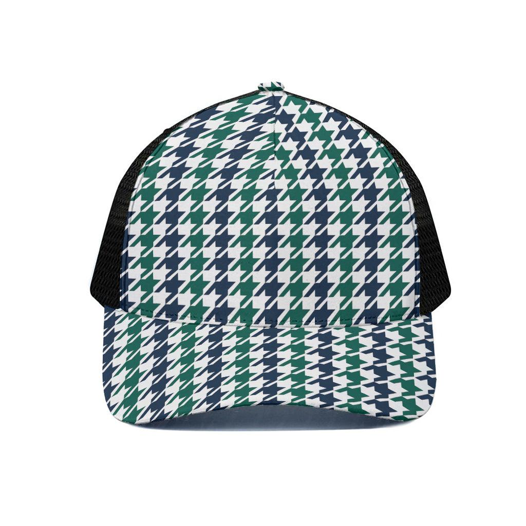 Blue Green And White Houndstooth Print Black Mesh Trucker Cap