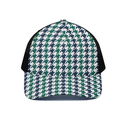 Blue Green And White Houndstooth Print Black Mesh Trucker Cap