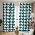 Blue Green And White Houndstooth Print Blackout Pencil Pleat Curtains