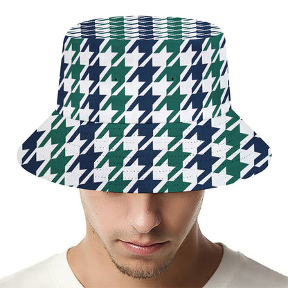 Blue Green And White Houndstooth Print Bucket Hat