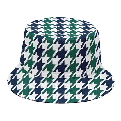 Blue Green And White Houndstooth Print Bucket Hat