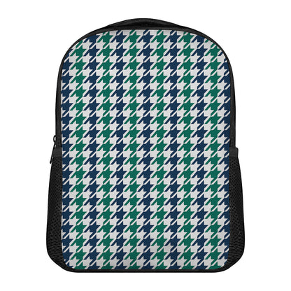Blue Green And White Houndstooth Print Casual Backpack