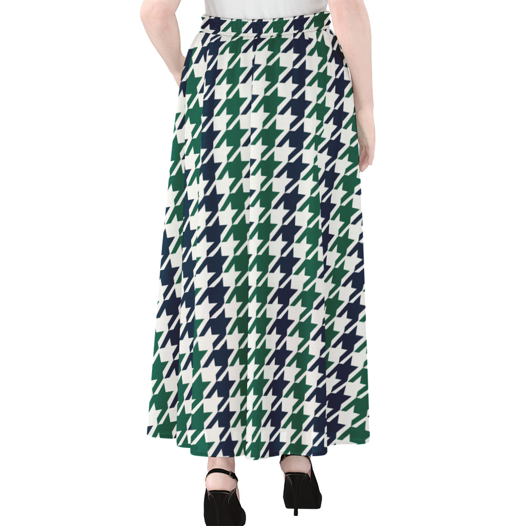 Blue Green And White Houndstooth Print Chiffon Maxi Skirt