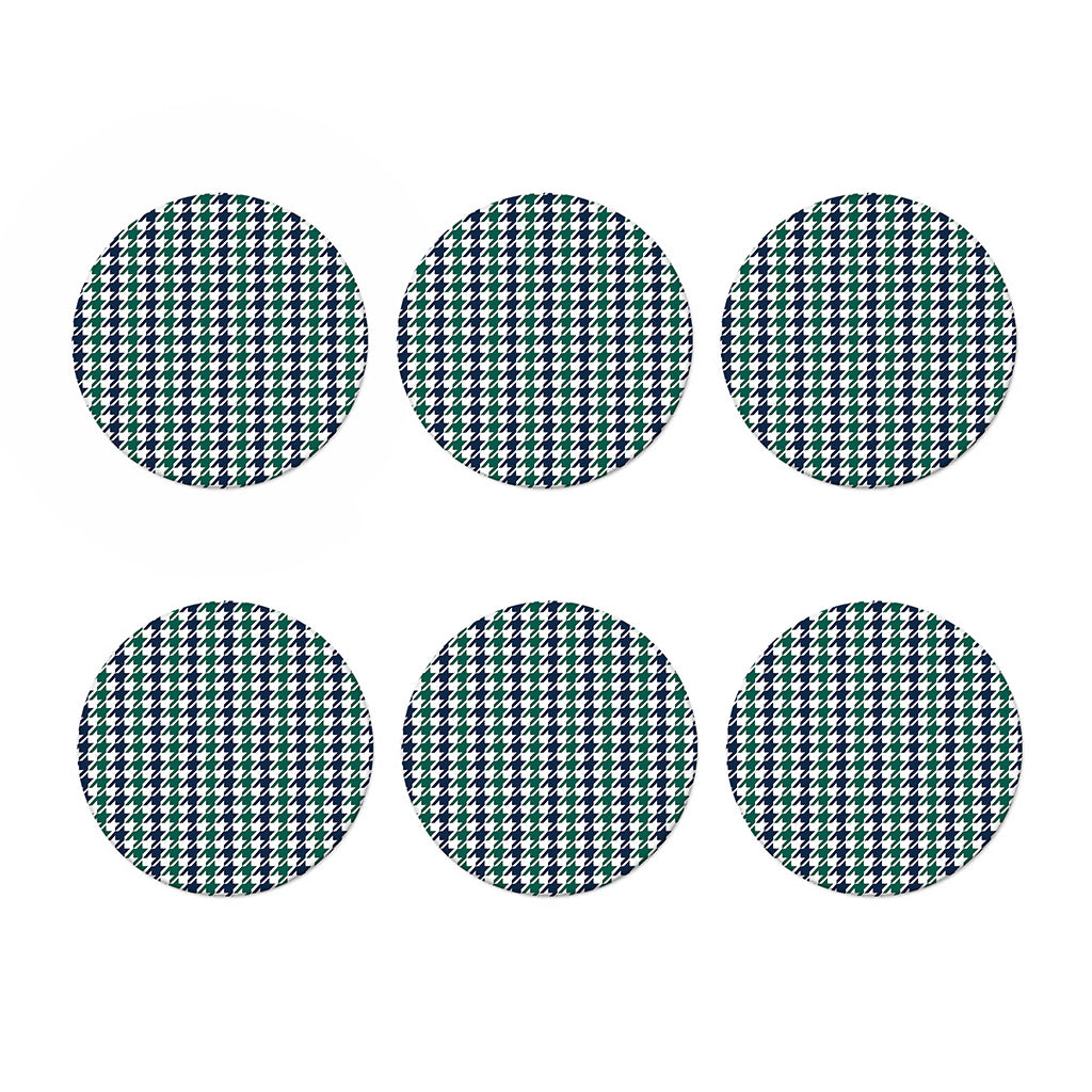 Blue Green And White Houndstooth Print Coaster Set