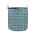 Blue Green And White Houndstooth Print Collapsible Laundry Basket