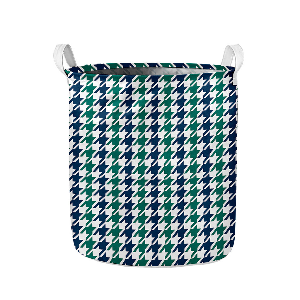 Blue Green And White Houndstooth Print Collapsible Laundry Basket