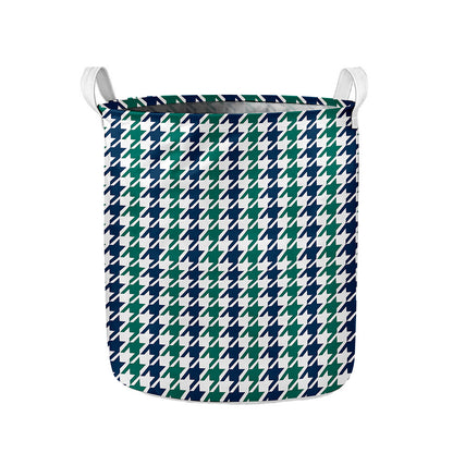 Blue Green And White Houndstooth Print Collapsible Laundry Basket