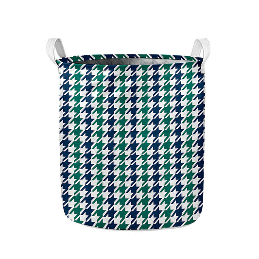 Blue Green And White Houndstooth Print Collapsible Laundry Basket