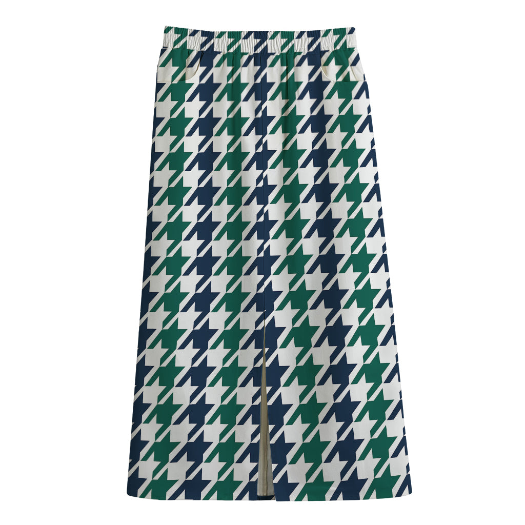 Blue Green And White Houndstooth Print Cotton Front Slit Maxi Skirt