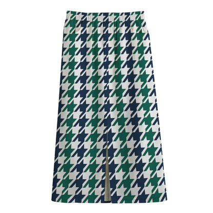 Blue Green And White Houndstooth Print Cotton Front Slit Maxi Skirt