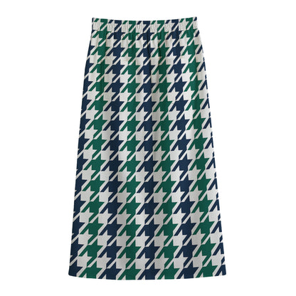 Blue Green And White Houndstooth Print Cotton Front Slit Maxi Skirt