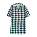 Blue Green And White Houndstooth Print Cotton Hawaiian Shirt