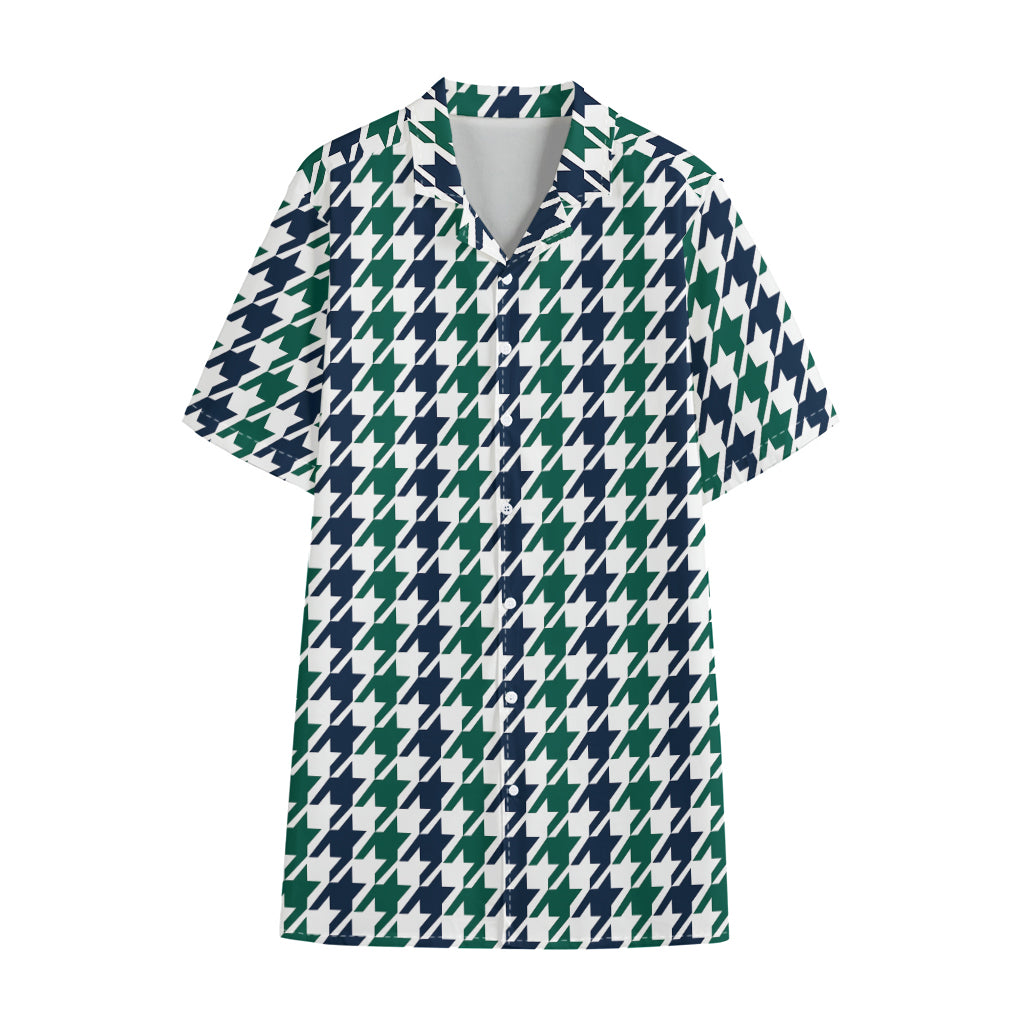 Blue Green And White Houndstooth Print Cotton Hawaiian Shirt