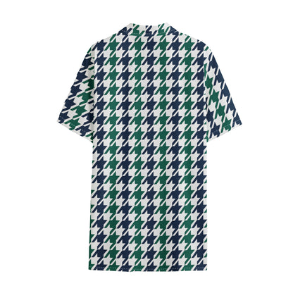 Blue Green And White Houndstooth Print Cotton Hawaiian Shirt