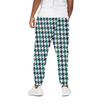 Blue Green And White Houndstooth Print Cotton Pants