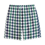 Blue Green And White Houndstooth Print Cotton Shorts