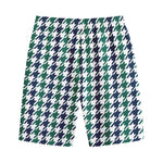 Blue Green And White Houndstooth Print Cotton Shorts