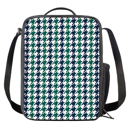 Blue Green And White Houndstooth Print Crossbody Lunch Bag