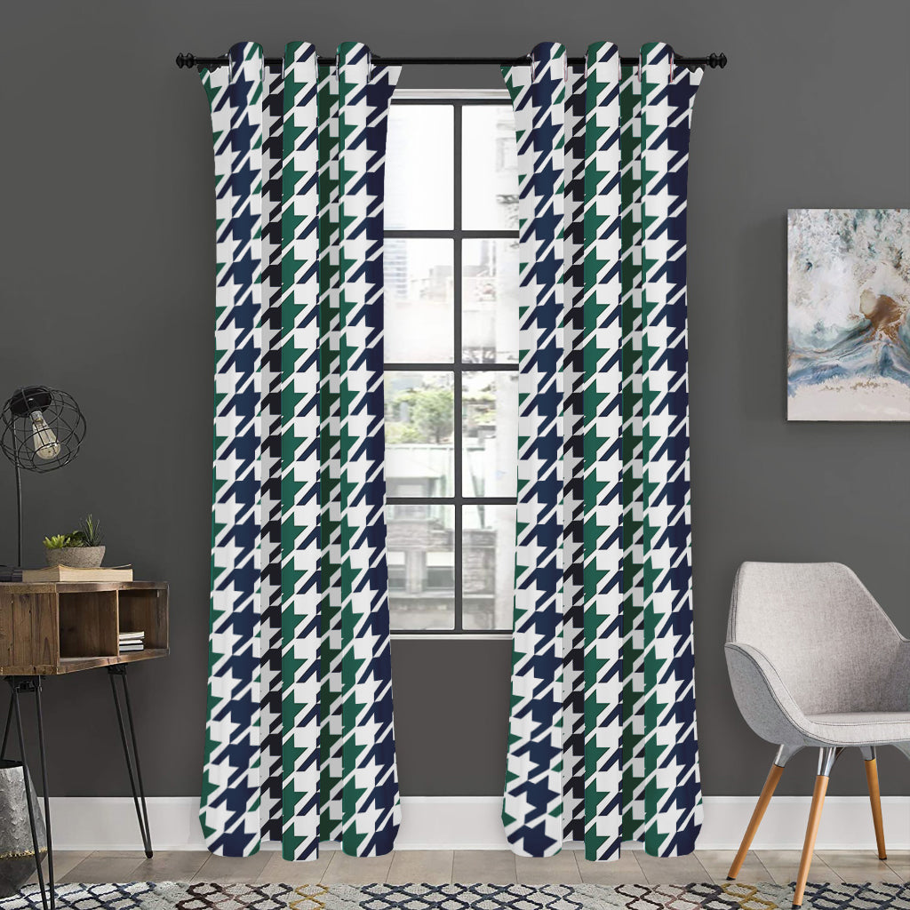 Blue Green And White Houndstooth Print Curtain