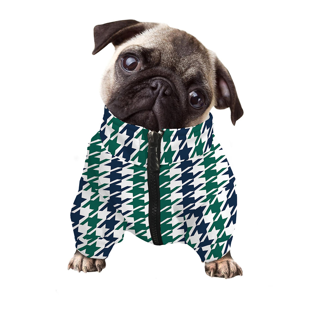 Blue Green And White Houndstooth Print Dog Zip Up Jacket