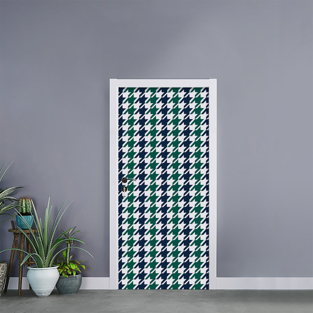 Blue Green And White Houndstooth Print Door Sticker