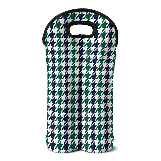 Blue Green And White Houndstooth Print Double Neoprene Wine Tote